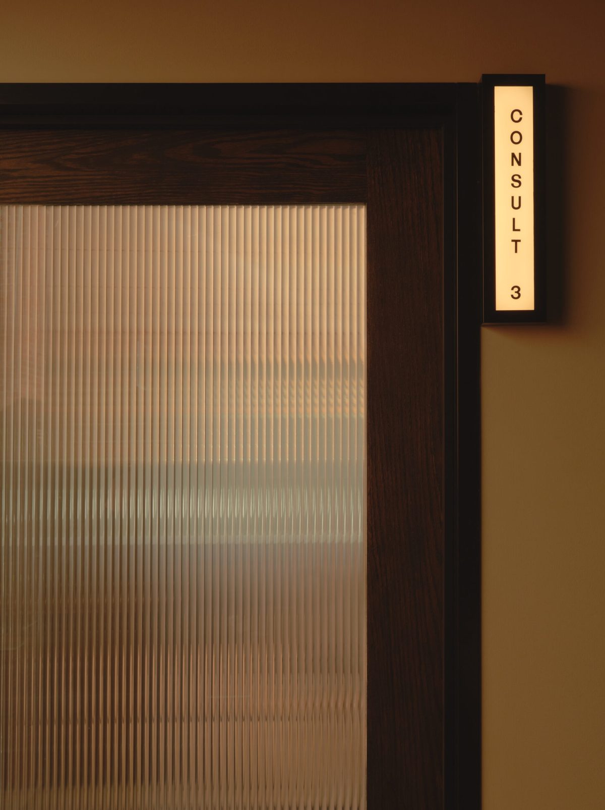 Reeded glass door in a dark timber frame with an illuminated vertical sign reading Consult 3